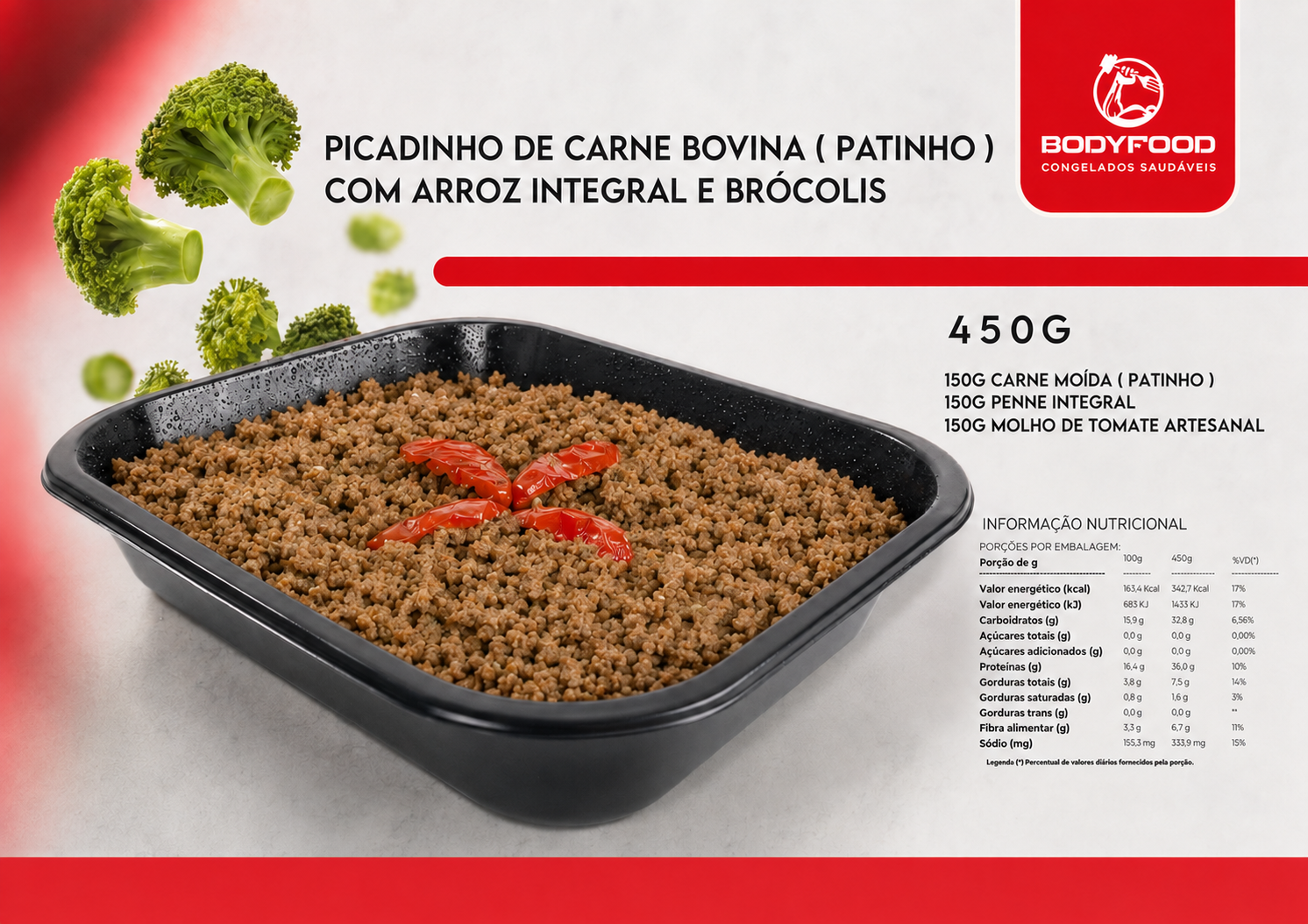 Card da refeição Picadinho de carne bovina com arroz integral e brócolis, com informações nutricionais.